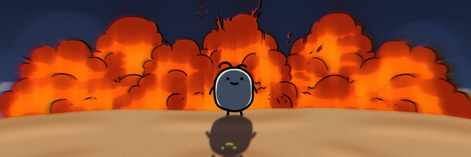 Puko walking calmly away from a wall of fire